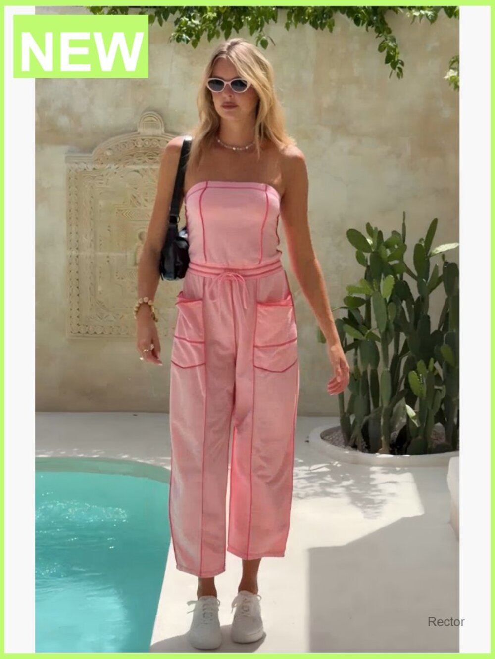 Off Shoulder Barrel Jumpsuit Loose Fit Romper with Pockets - Picture 7 of 7